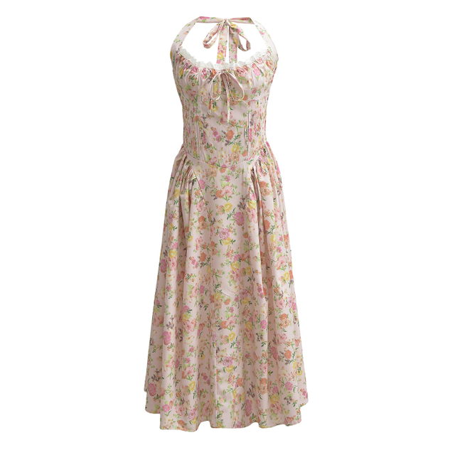 Summer New French Rustic Vintage Print Drawstring Neck Sundresses Dresses