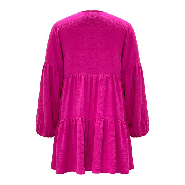 Spring And Autumn V-neck Solid Color Splicing Lantern Long-sleeved Loose Dress Female