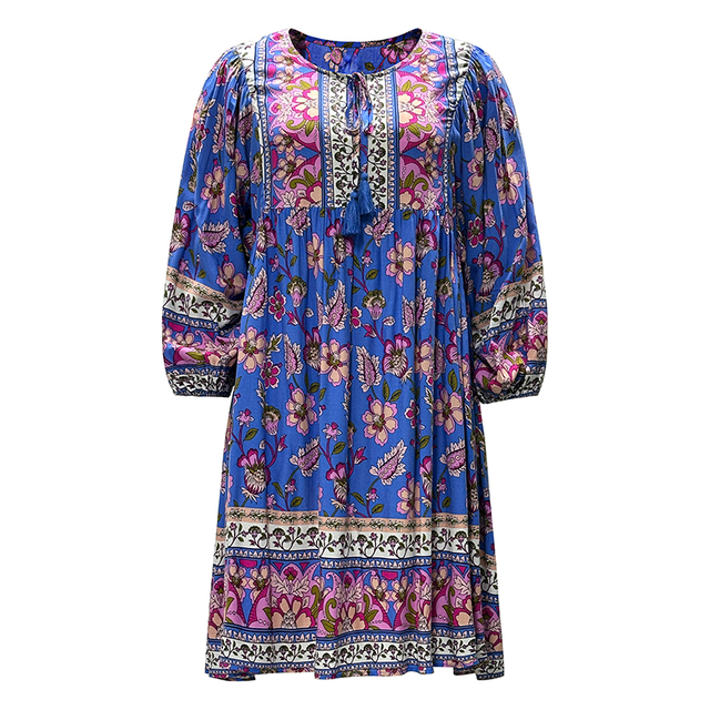 Women's Bohemian Printed Dresses Long Sleeve Round Neck Tie Dresses