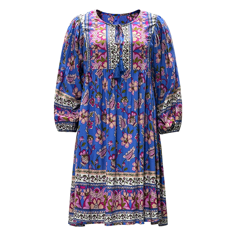 Women's Bohemian Printed Dresses Long Sleeve Round Neck Tie Dresses