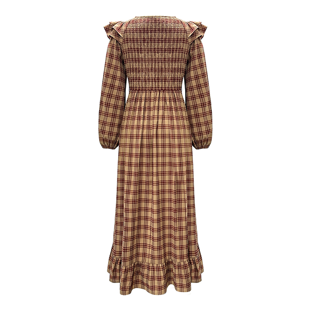 Long Sleeve V-Neck Vintage Plaid Dress Long Women's