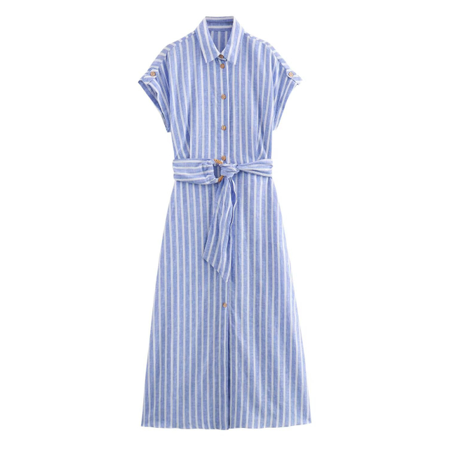 Women's Striped Linen Blend Psychedelic Shirt Dress Long Dresses