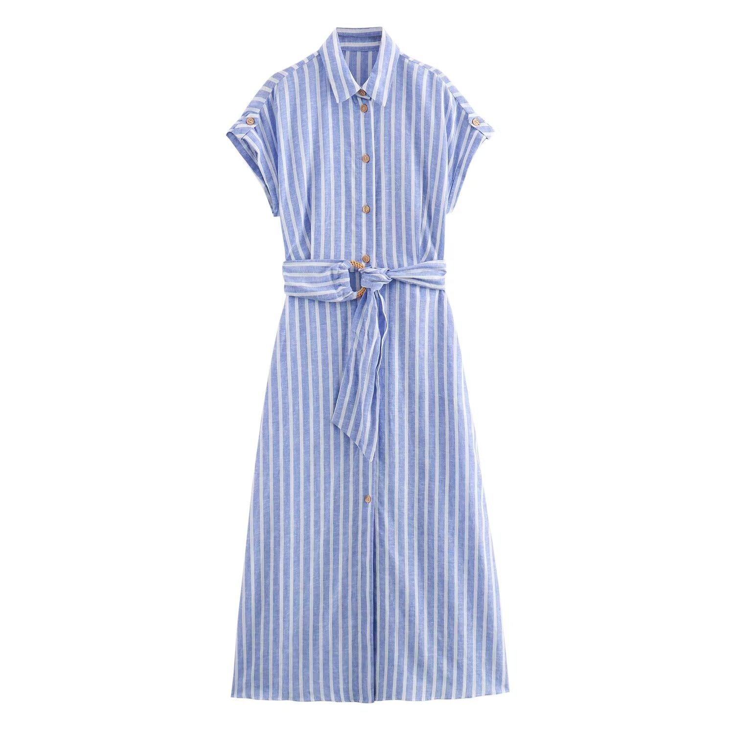 Women's Striped Linen Blend Psychedelic Shirt Dress Long Dresses