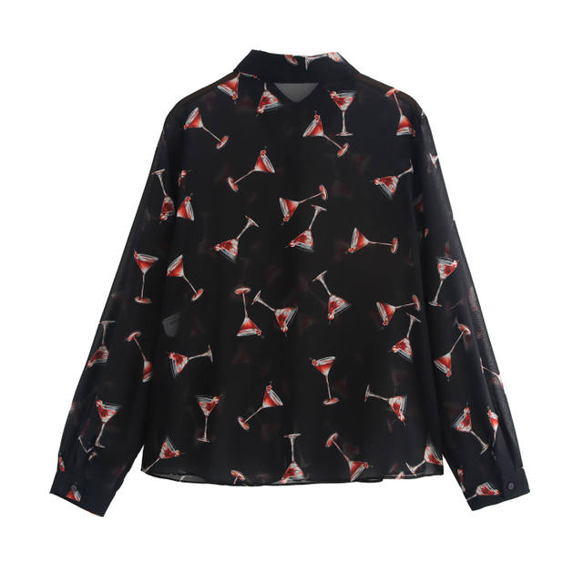 Women's Fashion Long Sleeve Lapel Semi-sheer Loose Casual Printed Shirt