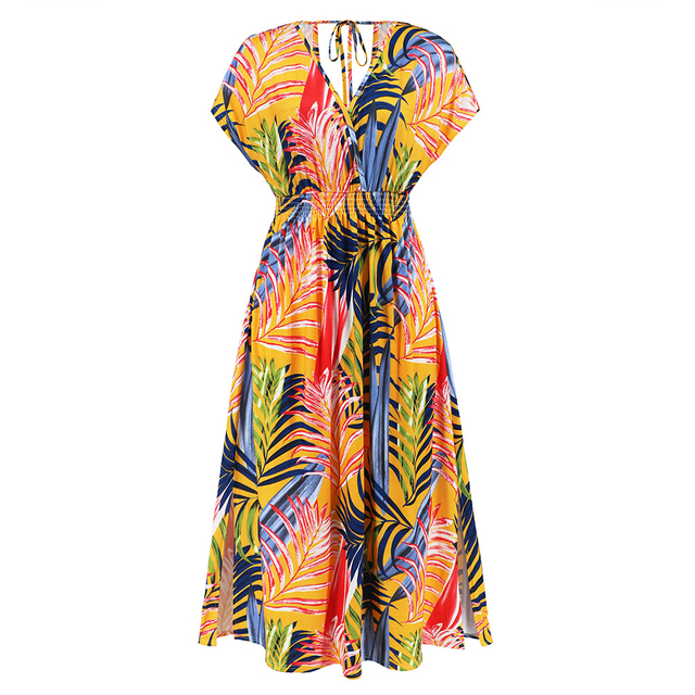 Fashion Bat Sleeve V Neck Backless Tie Dress Summer Women's Printed Long Dresses