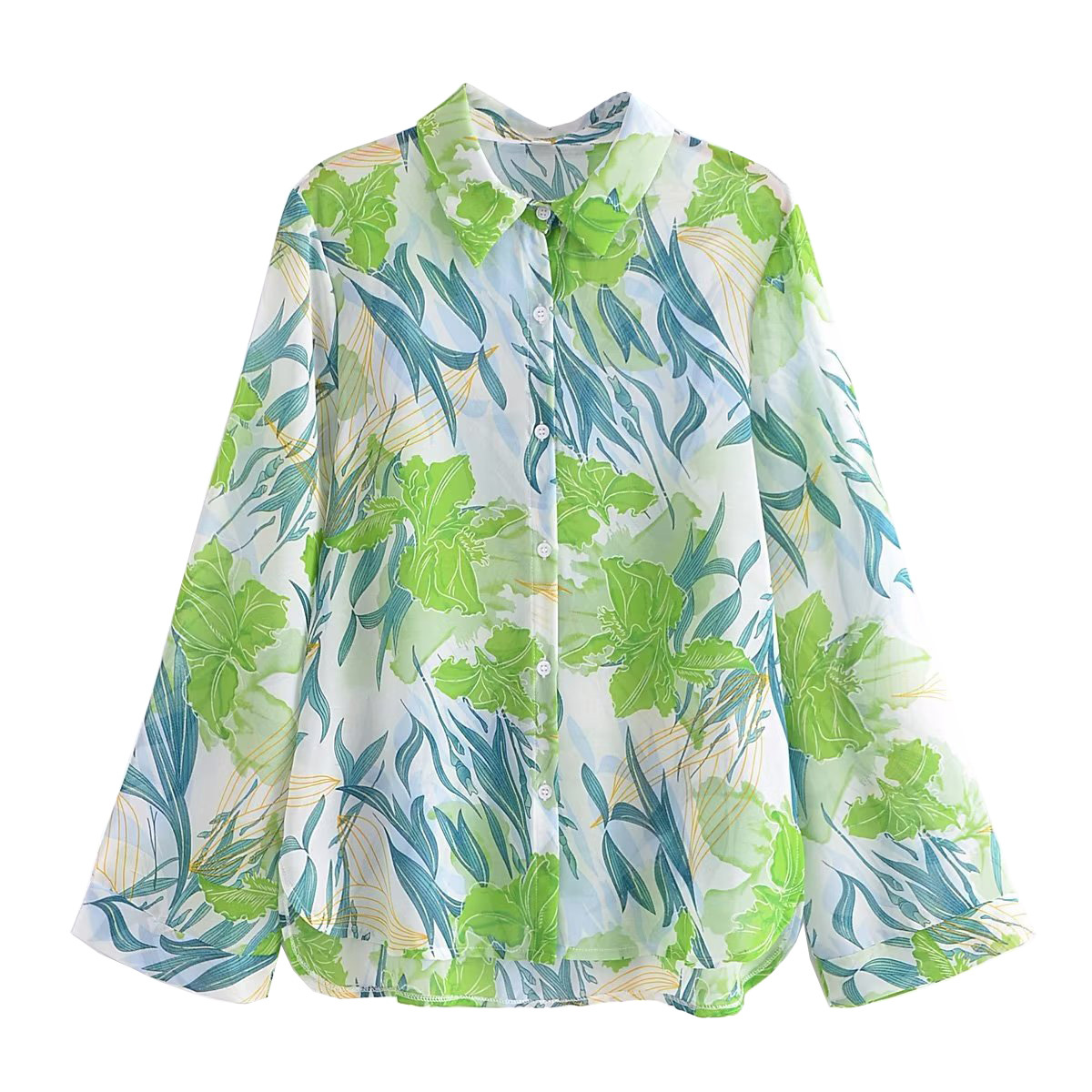 Women's Loose Slim Lapel Flared Sleeve Green Printed Shirt