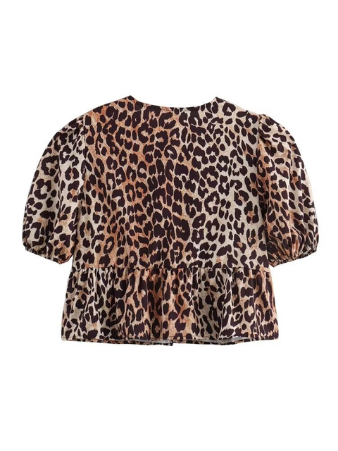 Ladies Casual Retro Slim Leopard Print Bubble Short Sleeve Shirt