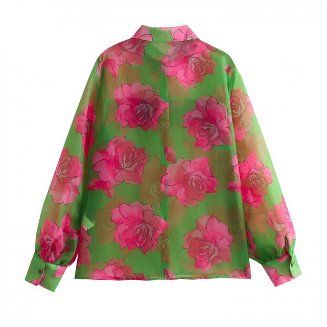 Women's Fashion Printed Lapel Casual Long Sleeve Shirt 