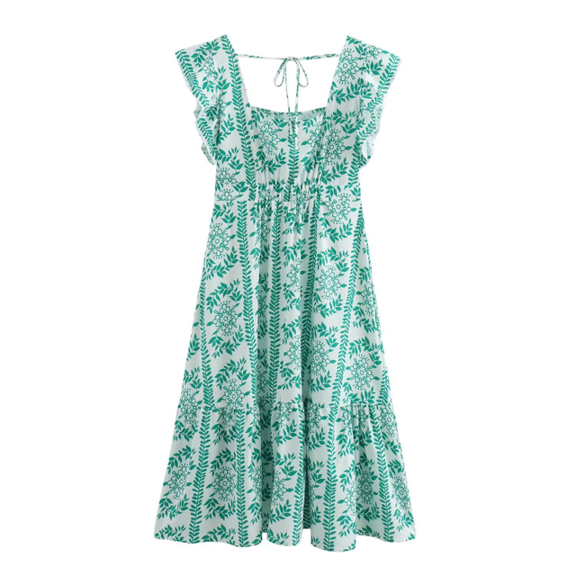 Europe And The United States Wind Spring Women's New Ethnic Wind Printing Ruffled Small Fresh Dresses