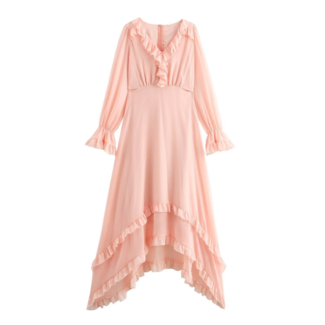 French Vintage V-Neck Long Sleeve Ruffle Trim Temperament Vacation Dress Women