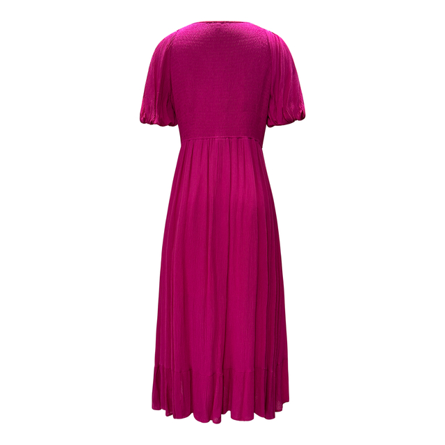 Women's V-Neck Solid Color Bubble Sleeve Waist-Closing Dress