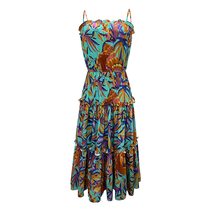 Europe And The United States Printed Vacation Style Long Section Halter Dress Female