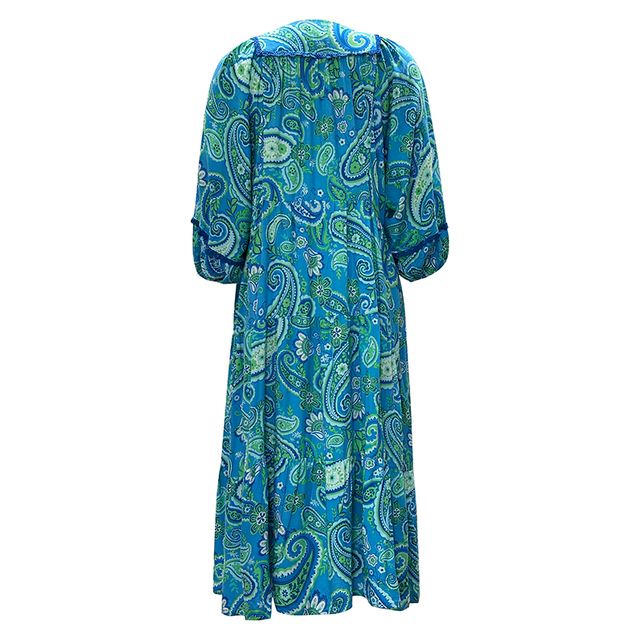 Round Neck Tie Midi Long Sleeve Printed Maxi Dress