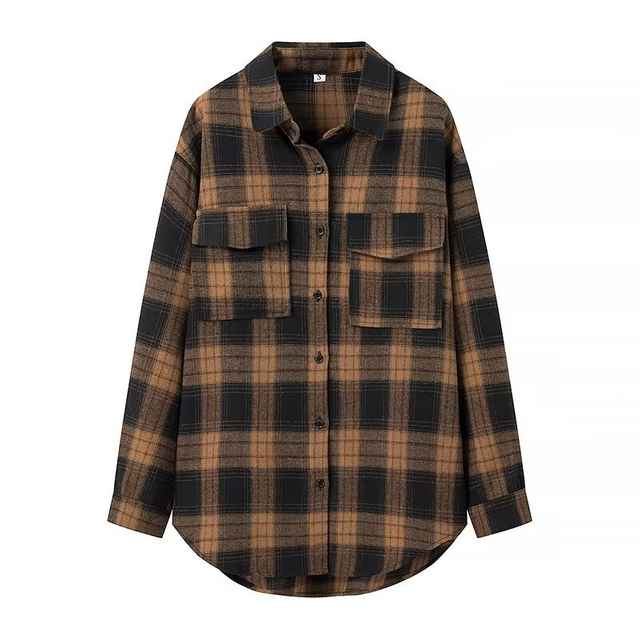 Women's Retro Plaid Long Sleeve Shirt Loose Casual Single Breasted Shirt