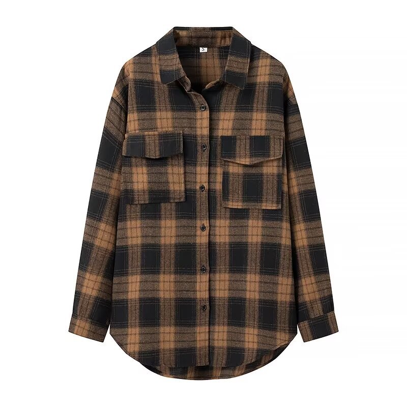 Women's Retro Plaid Long Sleeve Shirt Loose Casual Single Breasted Shirt