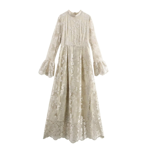 Europe And The United States Wind Women's New French Collar Flared Sleeves Embroidery Design Long-sleeved Dresses