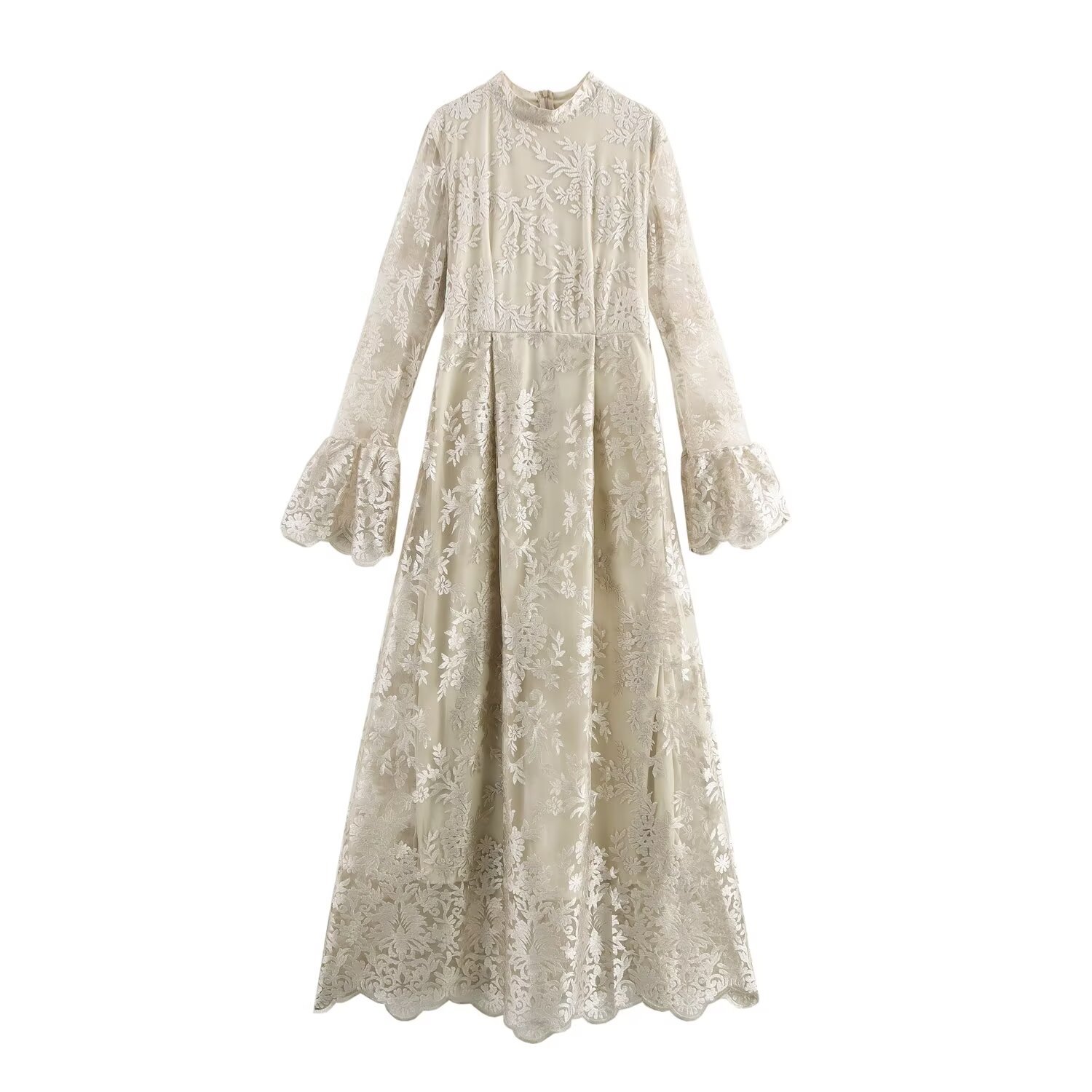 Europe And The United States Wind Women's New French Collar Flared Sleeves Embroidery Design Long-sleeved Dresses