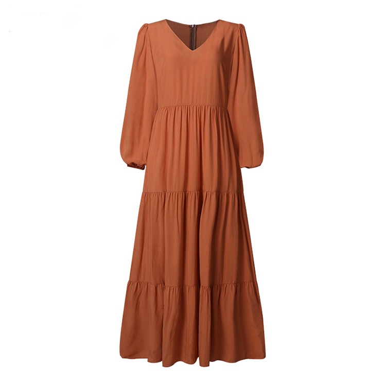 Europe And The United States Fashion Autumn New Street Temperament Women's Big Swing Type Solid Color Splicing Dresses