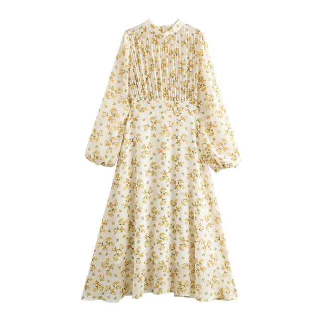 Europe And The United States Wind Fall Women's Small Flowers Long-sleeved Medium-length Dresses