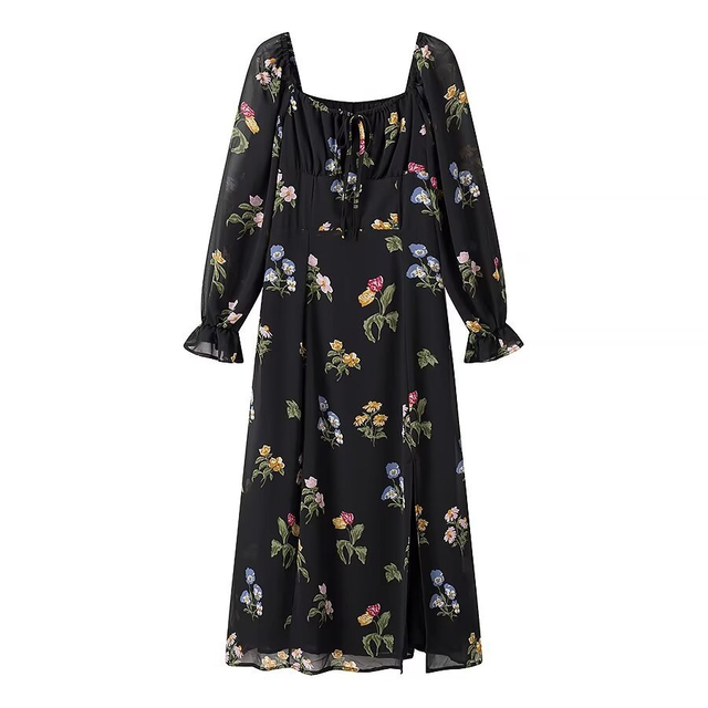 Spring And Summer New French Tea Break Niche Design Retro Black Square Neck Floral Dress Women