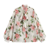 Women's Fashion Light Color Rose Print Collar Tie Lantern Sleeve Shirt