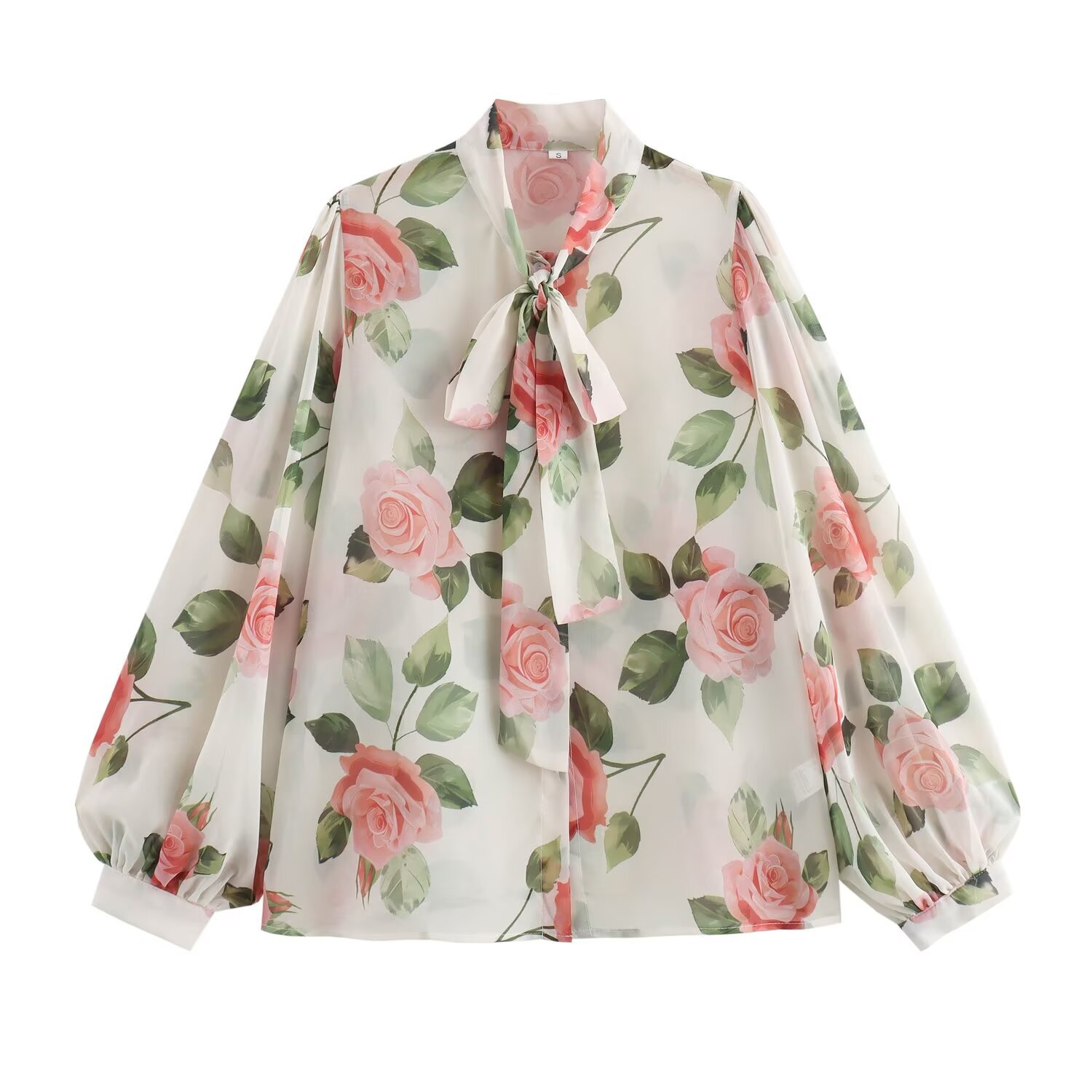 Women's Fashion Light Color Rose Print Collar Tie Lantern Sleeve Shirt