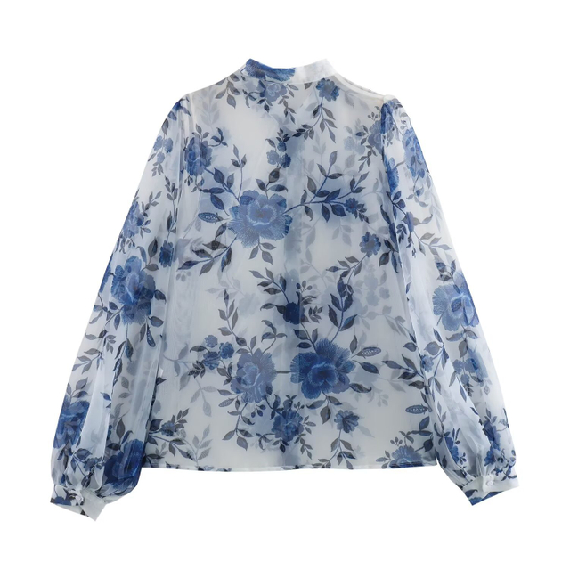 Women's Fashion Simple See-through Small Standing Collar Printed Long Sleeve Shirt