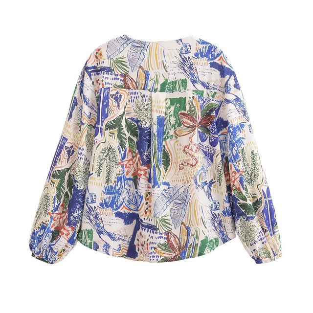 Fun Graffiti Print Tie Women's Shirt V-Neck Cardigan