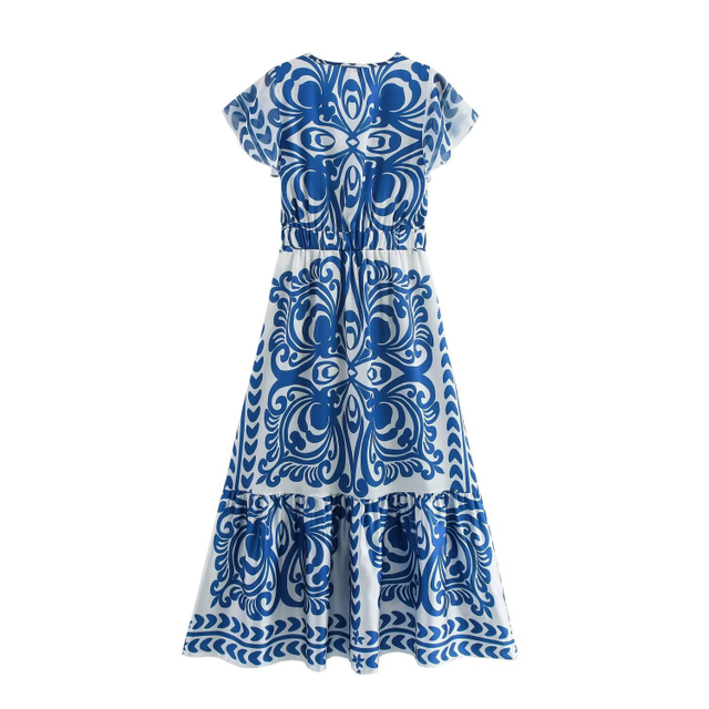  Europe And The United States Ladies Summer New Fashion V-neck Printed Long Dresses