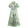 Summer New Refreshing Shirt Collar Chiffon Printed Bubble Sleeve Dress Long Women