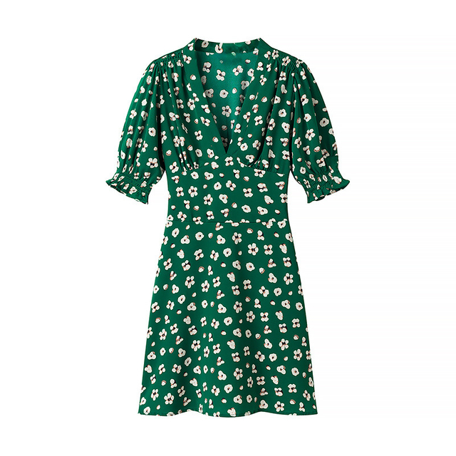 Summer New Women's Fashion Versatile Thin Floral V-neck Bubble Sleeve Dress