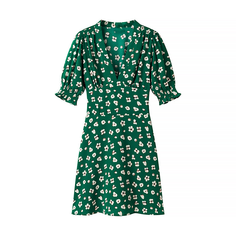 Summer New Women's Fashion Versatile Thin Floral V-neck Bubble Sleeve Dress