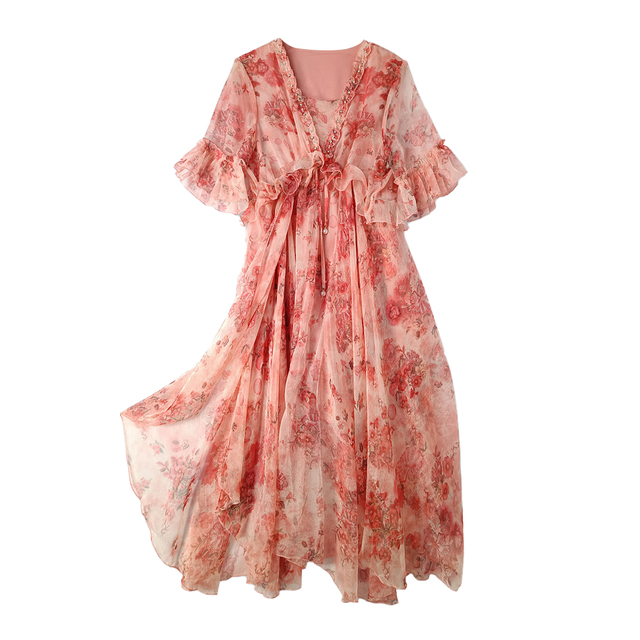 Bohemian Printed Chiffon V-Neck Slimming Mid-Length Simulated Silk Dress Women