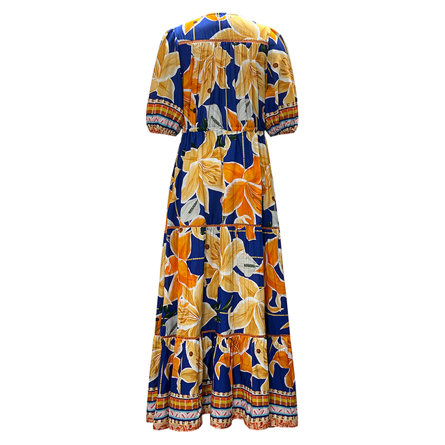 Women's Long Midi Sleeve Printed Round Neck Tie Dresses