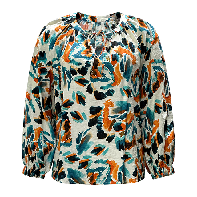 Women's Fashion Printed V-Neck Tie Long Sleeve Shirt