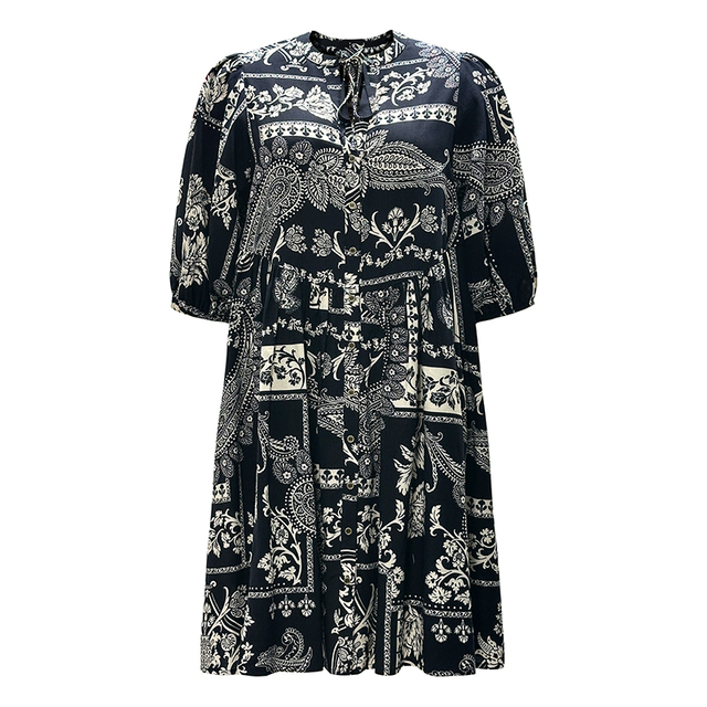 Women's Round Neck Tie Mid Sleeve Printed Dresses