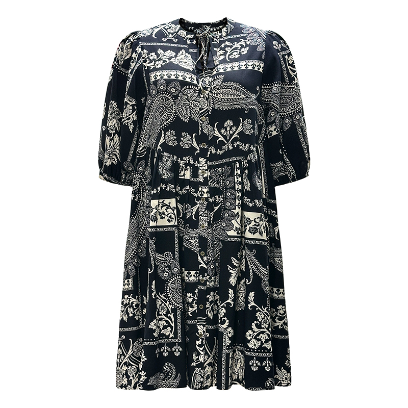 Women's Round Neck Tie Mid Sleeve Printed Dresses