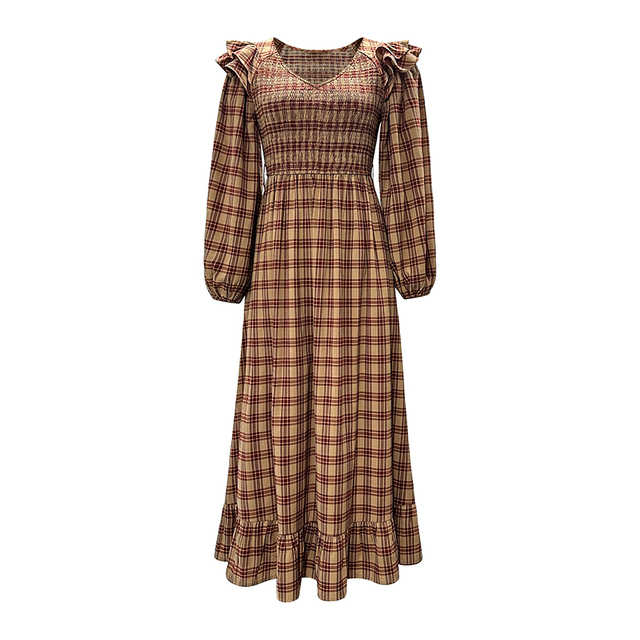 Long Sleeve V-Neck Vintage Plaid Dress Long Women's