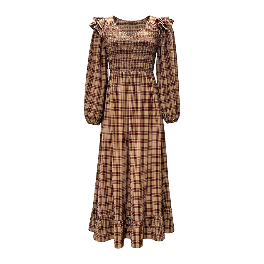 Long Sleeve V-Neck Vintage Plaid Dress Long Women's
