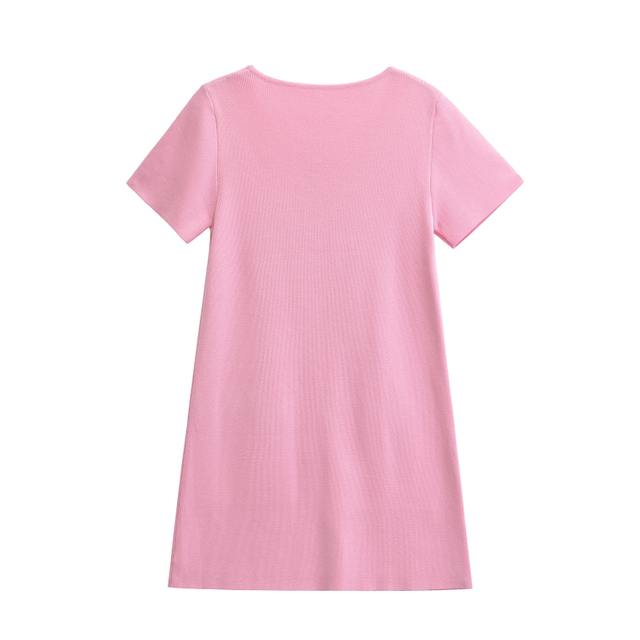 Women's New Bow Trim Knit Round Neck Short Sleeve Dresses