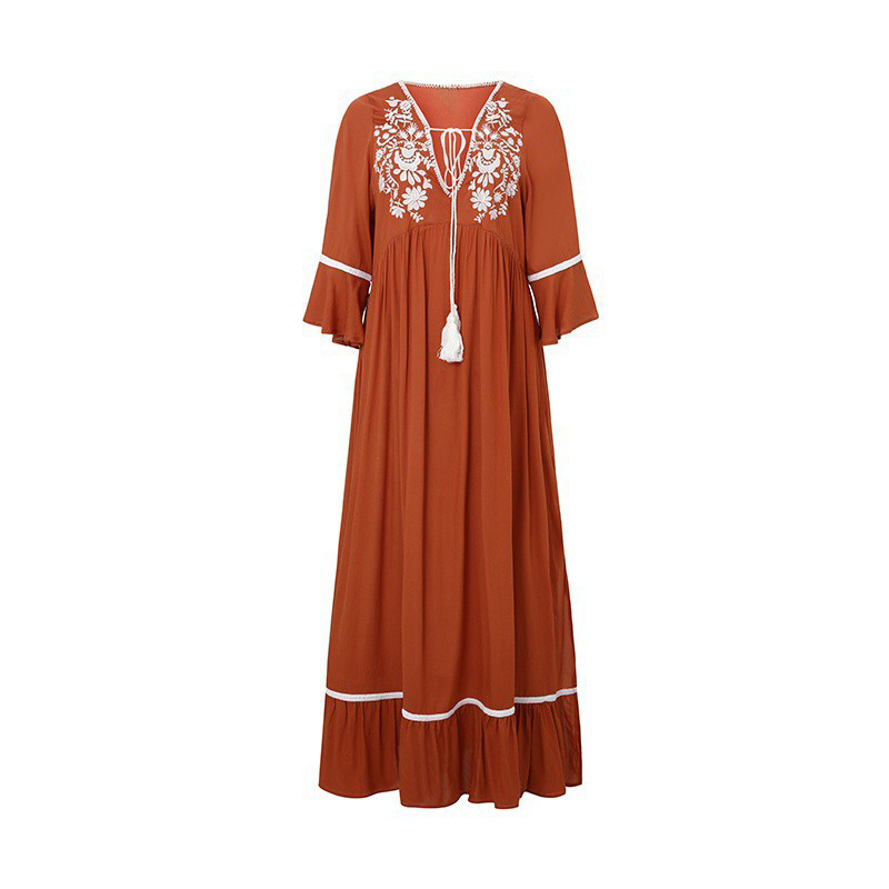 Summer New Fashion Bohemian Style Embroidery Flared Sleeve Personalized Dresses Long Dresses