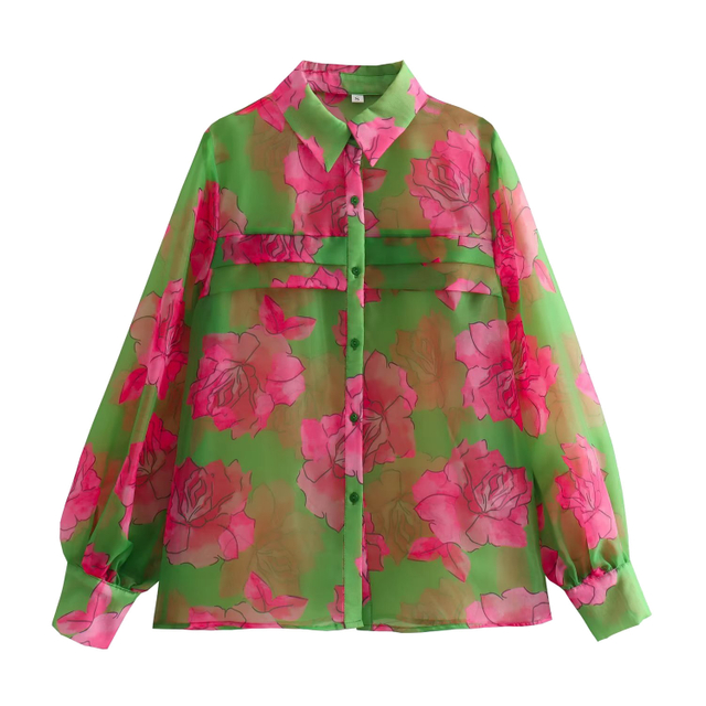 Women's Fashion Printed Lapel Casual Long Sleeve Shirt 