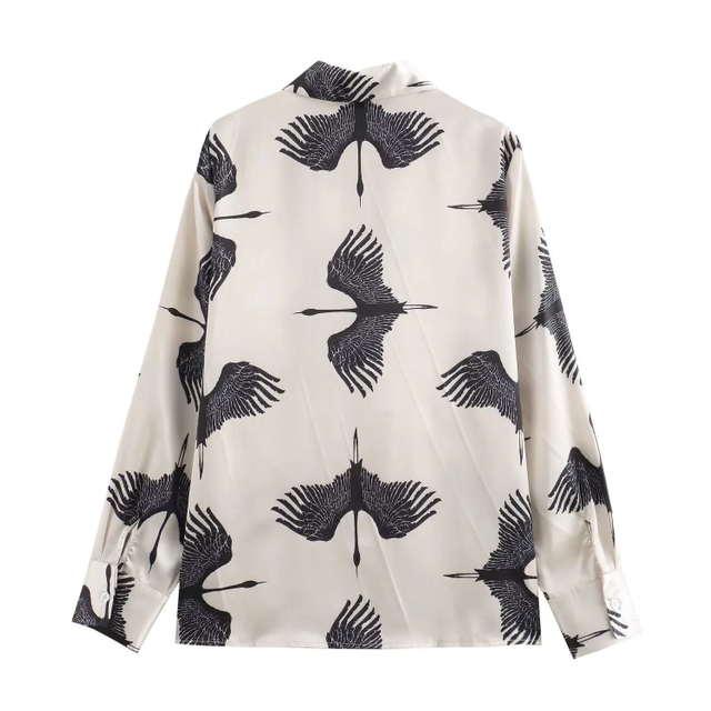 Women's Vintage Satin Thousand Bird Crane Print Long Sleeve Shirt
