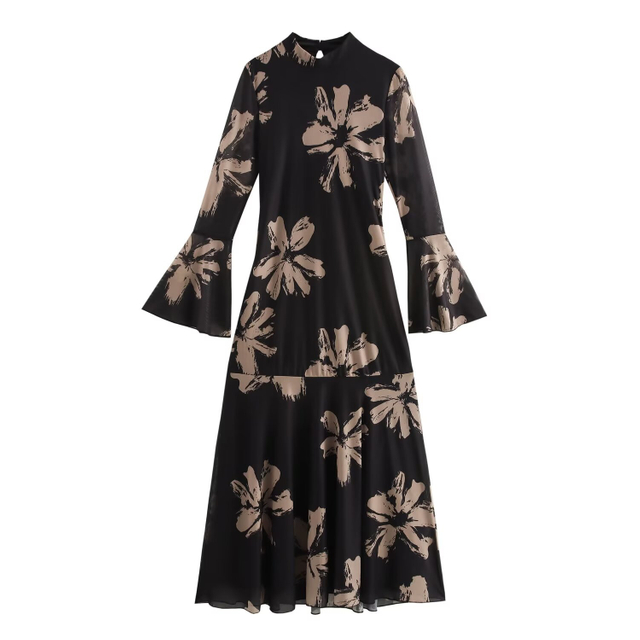 Europe And The United States Wind Summer Women's New Printed Mesh Waisted Package Hip Long-sleeved Dresses