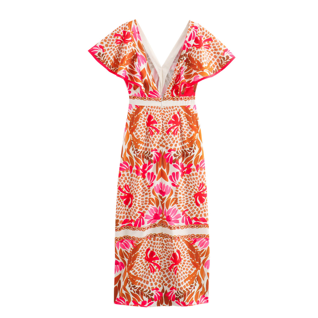 Europe And The United States Women's Printed V-neck Slit Resort Casual Style Dresses