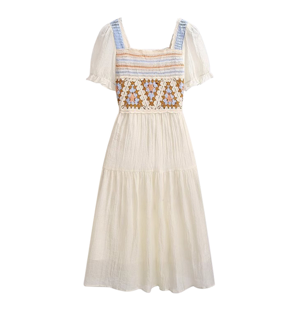 Bohemian Rustic Style Bubble Sleeve Dress Summer New Square Neck Color Blocking Receive Waist Midi Dresses Female