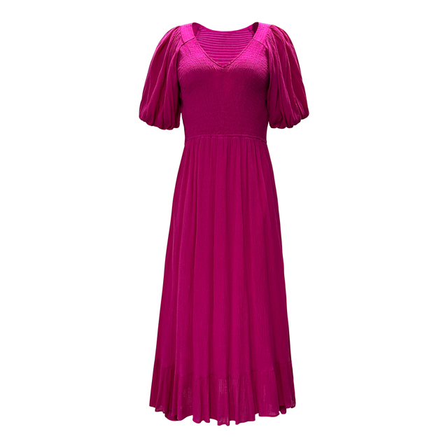 Women's V-Neck Solid Color Bubble Sleeve Waist-Closing Dress