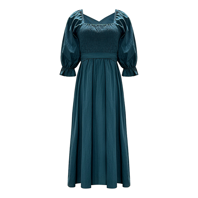 Women's Fashion Solid Color Dress Temperament Square Neck Flare Sleeve Tie Front And Back Mid-Length Dresses