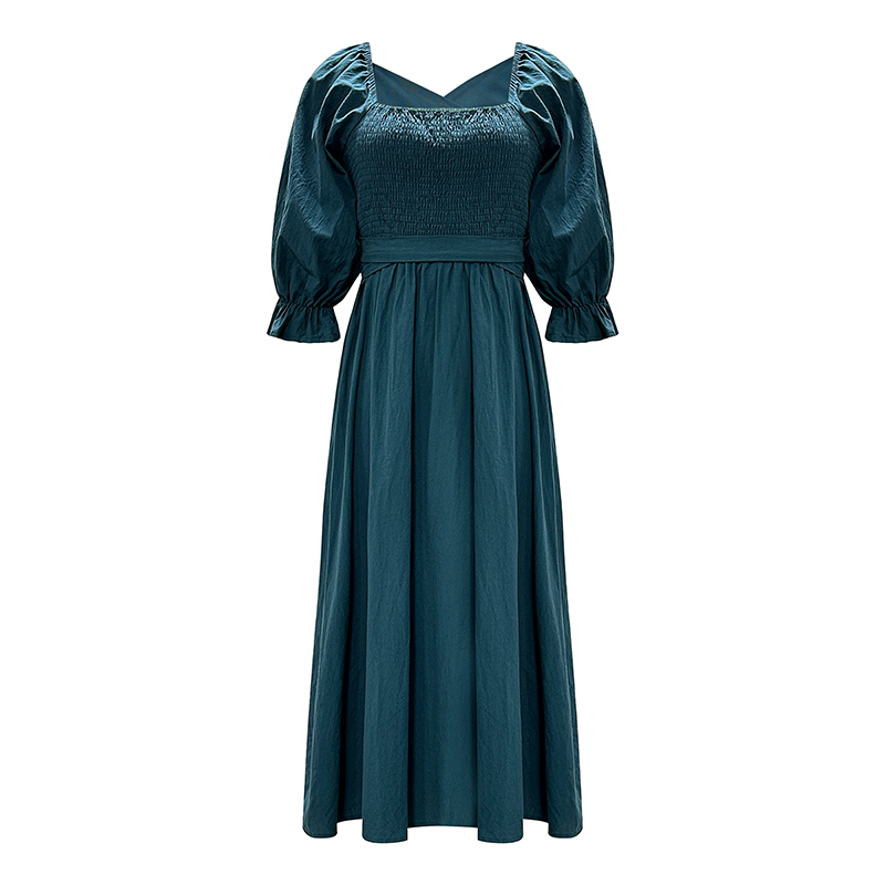 Women's Fashion Solid Color Dress Temperament Square Neck Flare Sleeve Tie Front And Back Mid-Length Dresses