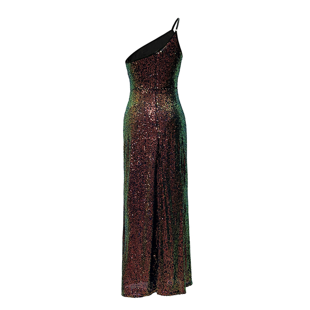 Illusion Sequins Gradient Color One Shoulder Slant Neck Halter Women's Dresses